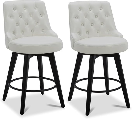 Watson & Whitely Modern Swivel Bar Stools, Faux Leather Upholstered Counter Height Bar Stool with Back, Solid Wood Legs, 26" H Seat, Set of 2, White
