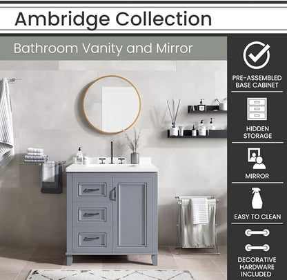 Hanover Ambridge 31'' Vanity Cabinet with Sink Combo for Bathroom, Powder Room | Pre-Assembled Cabinet | 1 Door, 3 Drawers | Artificial Stone Countertop, Gray Cabinet | HANVN0104-31-0GR