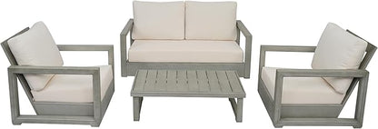 Christopher Knight Home Olaf 4 Pieces Outdoor Conversation Set, Acacia Wood Chat Set, Rectangular Coffee Table and Patio Loveseat with 2 Club Chairs, Patio Furniture Set with Cushion, Beige+Light Grey