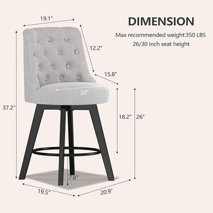 MINCETA Set of 2 Upholstered Bar Stools - 26 Inch Swivel Counter Height Stools with Low Tufted Back, Footrest & Performance Fabric - Round Seat for Kitchen Island & Home Bar Gray and Beige