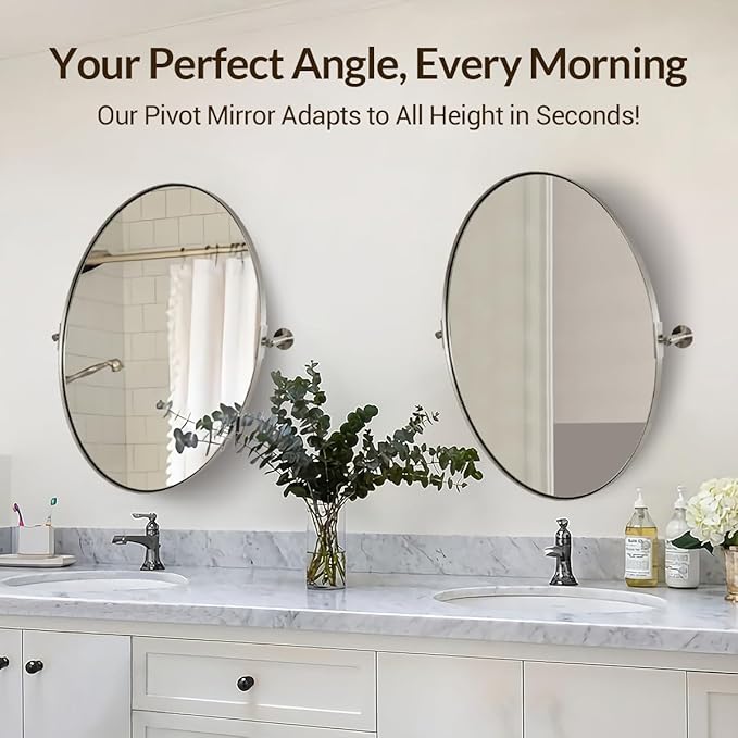 ANDY STAR Brushed Nickel Bathroom Mirror, 20 x 30 Inch Oval Pivot Mirror for Wall, Unique Farmhouse Tilt Mirror in Slim Silver Stainless Steel Metal Frame for Bedroom, Powder Room
