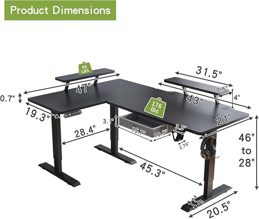 Radlove 63-Inch Large Electric Height Adjustable Computer L-Shaped Desk with Memory Controller Corner Standing Desk Modern Workstation with Splice Board Ergonomic Desk (Black Frame + Black Top)