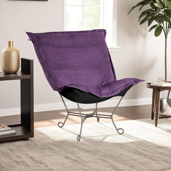 Howard Elliott Scroll Puff Rocker Seating Chair With Cover, Multipurpose Alternate Seating Butterfly Chair with Titanium Frame, Patio Furniture for Camping, Home, Indoor & Outdoor, Bella Eggplant