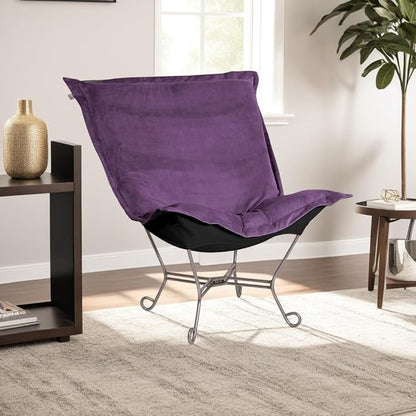 Howard Elliott Scroll Puff Rocker Seating Chair With Cover, Multipurpose Alternate Seating Butterfly Chair with Titanium Frame, Patio Furniture for Camping, Home, Indoor & Outdoor, Bella Eggplant