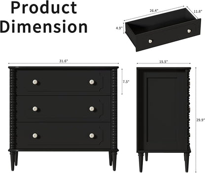 3 Drawer Dresser, 32 inch Wide Dresser for Bedroom, Modern Wood Chest of Drawers, Turned Legs Nightstand with 3 Drawers for Dorms, Hallway, Entryway (Black)