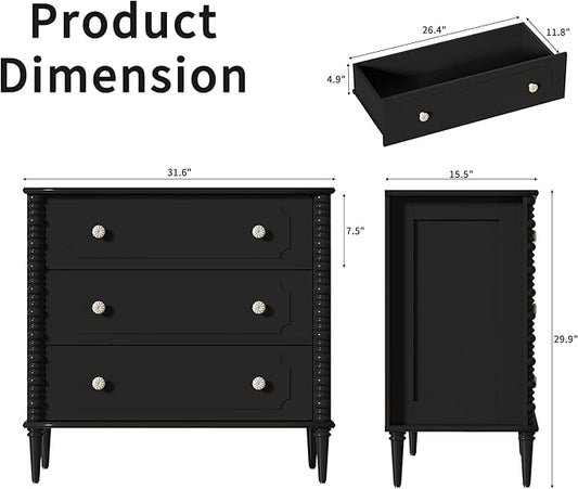 3 Drawer Dresser, 32 inch Wide Dresser for Bedroom, Modern Wood Chest of Drawers, Turned Legs Nightstand with 3 Drawers for Dorms, Hallway, Entryway (Black)