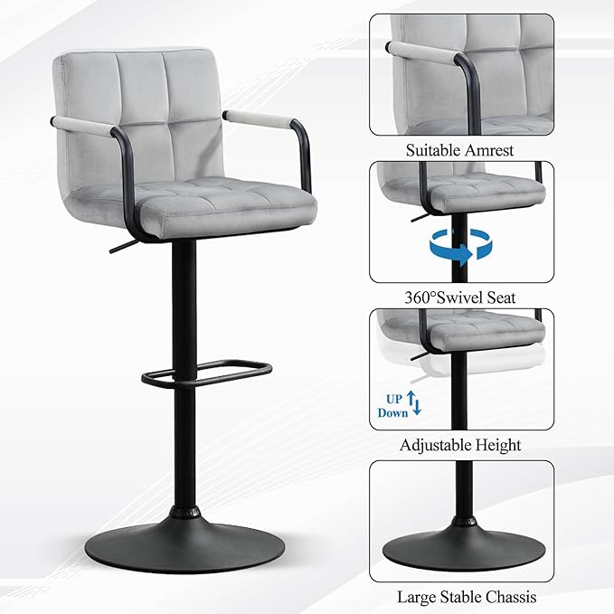 Furniliving Bar Stools Set of 2 with Armrest, Adjustable Square Velvet Barstools for Kitchen Counter, 360°Swivel Counter Barstools for Dining Room(Grey)