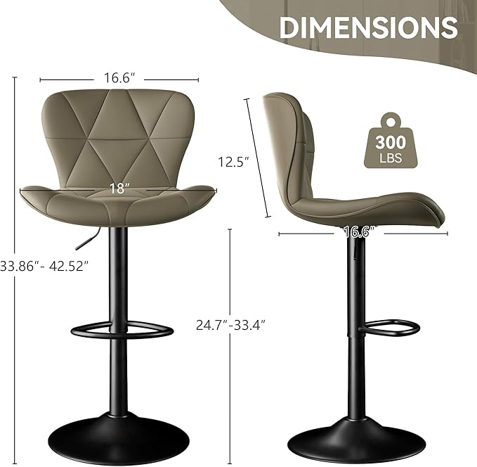 Bar Stools Set of 6,Adjustable Swivel Barstools, Faux Leather Bar Chairs,Upholstered Counter Height with High Backrest for Kitchen Island, Dark Khaki