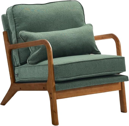 Mid-Century Accent Chair Set of 2,Linen Fabric Lounge Chair with Wide Armrest,Linen Fabric Armchair withLumbar Pillow & Solid Wood Frame for Living Room, Bedroom, Balcony(Green)