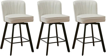 Swivel Counter Height Bar Stools Set of 3, 26'' Modern Barstools with Backs and Metal Legs, Upholstered Bar Chairs, Faux Leather White Stools for Kitchen Island Chairs