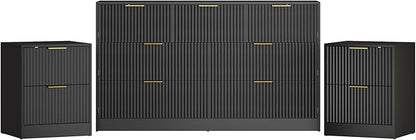 3-Piece Modern Bedroom Furniture Set, Wide 7-Drawer Dresser & 2-Drawer Nightstands Set of 2, Natural Wood Dresser and Nightstand Sets for Bedroom, Hallway, Black