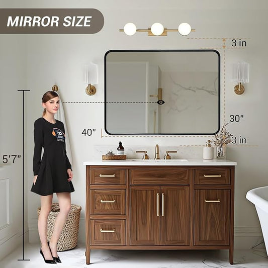 ANDY STAR Black Bathroom Mirror, 30x40 Inch Rounded Rectangle Mirror for Bathroom, Modern Tube Matte Black Framed Rectangular Mirrors for Vanity, Explosion-Proof Film, Wall Mount Horizontal/Vertical