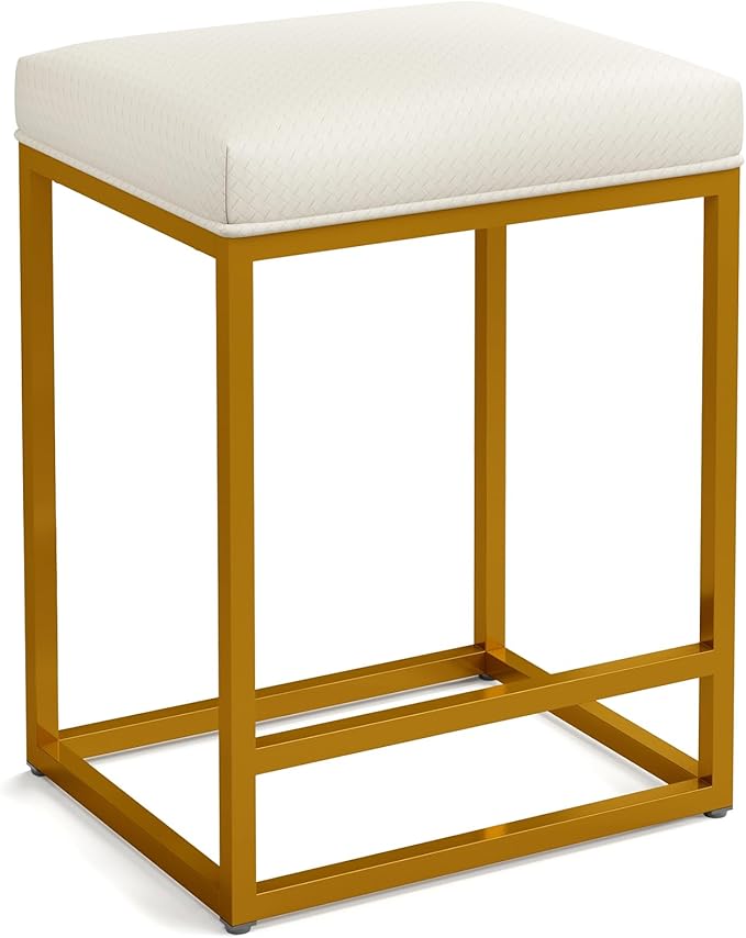 ALPHA HOME 24 Inch Counter Height Bar Stools, Upholstered Bar Stools for Kitchen Island, Counter Stools with Faux Leather Cushion and Sturdy Metal Frame, Modern Barstools, White and Gold