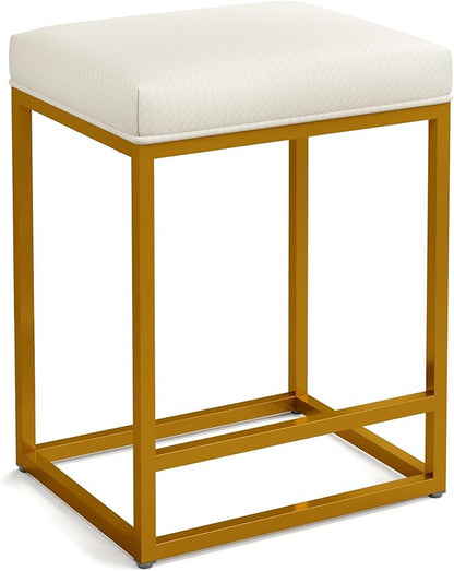 ALPHA HOME 24 Inch Counter Height Bar Stools, Upholstered Bar Stools for Kitchen Island, Counter Stools with Faux Leather Cushion and Sturdy Metal Frame, Modern Barstools, White and Gold