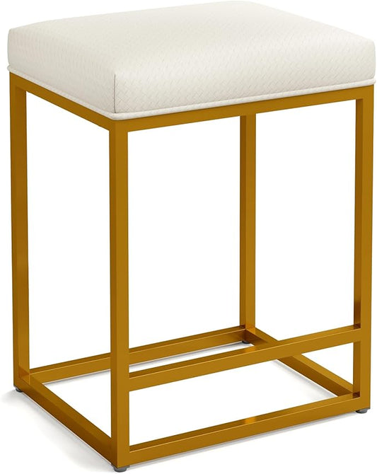 ALPHA HOME 24 Inch Counter Height Bar Stools, Upholstered Bar Stools for Kitchen Island, Counter Stools with Faux Leather Cushion and Sturdy Metal Frame, Modern Barstools, White and Gold