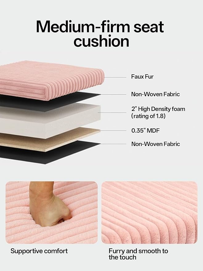 17.7 inches Faux Fur Ottomans Cube with Legs, Metal Framed Vanity Stool Chair Storage Ottoman Foot Rest Stool, Holds 770 LB for Dorm Living Room Bedroom Pink UASND643P