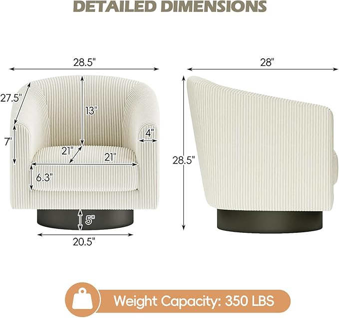 360° Swivel Accent Chairs, Modern Bucket Chair, Corduroy Barrel Armchair, Comfy Boucle Chair, Single Sofa for Living Room Bedroom. Cream White