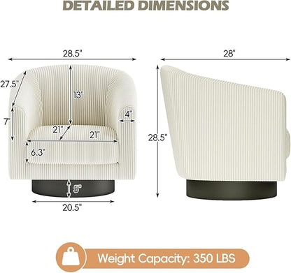 360° Swivel Accent Chairs, Modern Bucket Chair, Corduroy Barrel Armchair, Comfy Boucle Chair, Single Sofa for Living Room Bedroom. Cream White