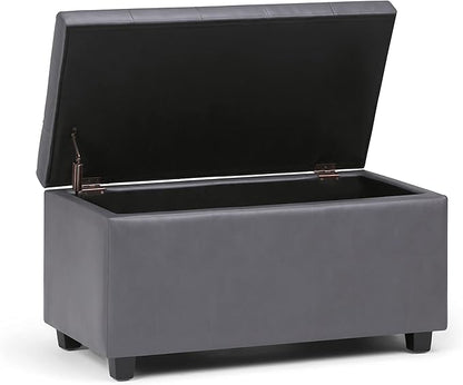 SIMPLIHOME Cosmopolitan Storage Ottoman - 34 inch Wide Upholstered Vegan Leather Rectangle Storage Ottoman Bench in Stone Grey, Transitional Tufted Ottoman for Living Room or Entryway with Lift-Up Lid