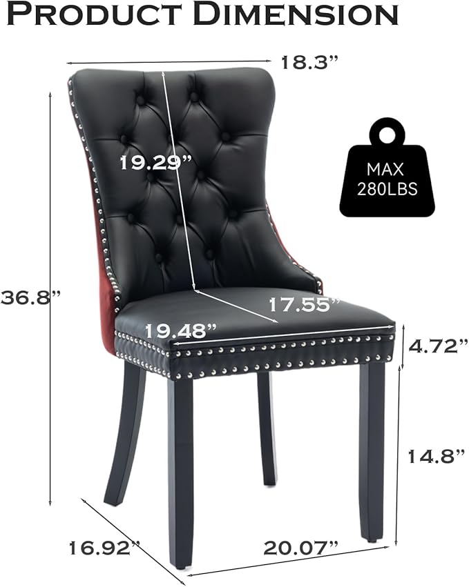 Leather Upholstered Dining Chairs Set of 4, Modern Style Kitchen Side Chairs with Nailhead Trim and Wood Leg, Metal Pulling Ring for Dining Room Living Room(Black&Wine Red)