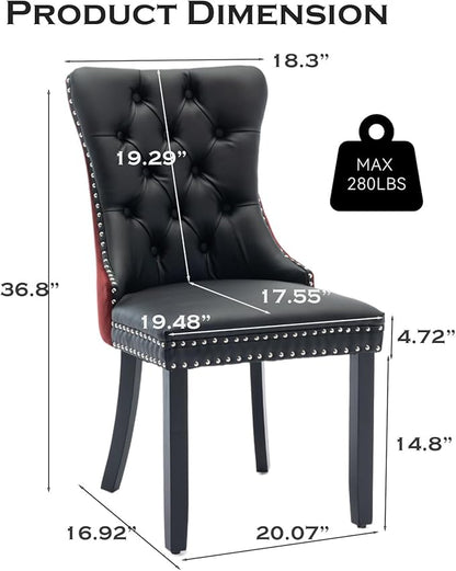Leather Upholstered Dining Chairs Set of 6, Modern Style Kitchen Side Chairs with Nailhead Trim and Wood Leg, Metal Pulling Ring for Dining Room Living Room(Black&Wine Red)