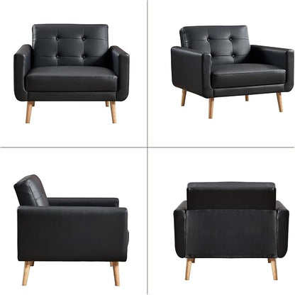 CANMOV 29" W Oversized Leather Accent Chair, Armchair Button Back, Mid Century Modern Accent Chairs for Living Room, Modern Upholstered Bed Room Chair Cozy Armchair with Wood Legs, Black