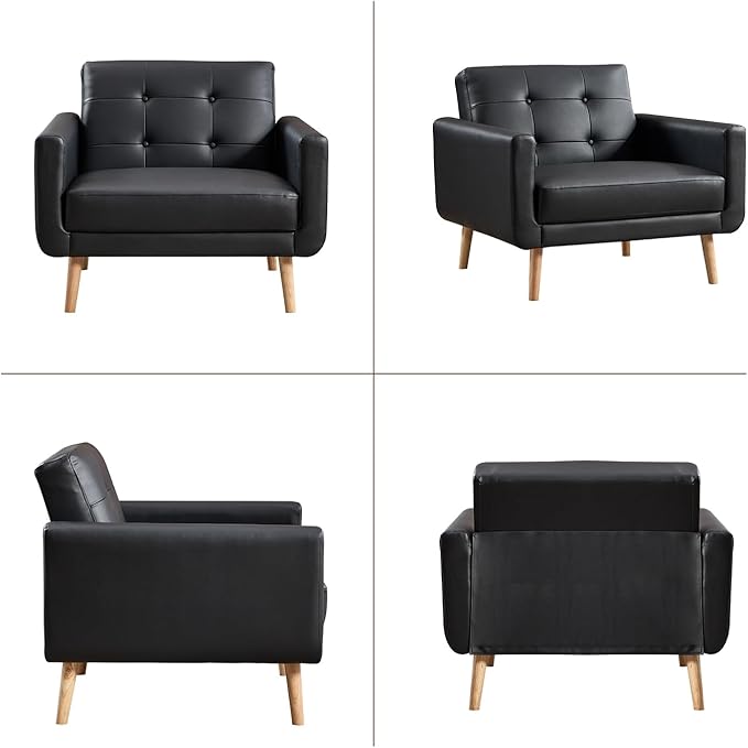 CANMOV 29" W Oversized Leather Accent Chair Set of 2, Armchair Button Back, Mid Century Modern Accent Chairs for Living Room, Modern Upholstered Bed Room Chair Cozy Armchair with Wood Legs, Black