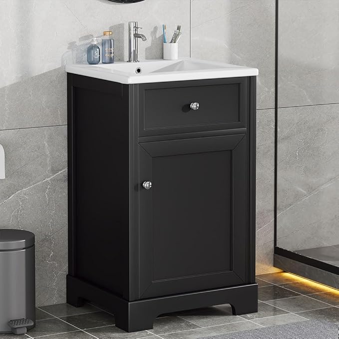 20" Bathroom Vanity with Sink, Wooden Bathroom Storage Cabinet with Soft Closing Door and Adjustable Shelve,Narrow Small Bathroom Cabinet for Small Space (20"× 18"×34"),Black