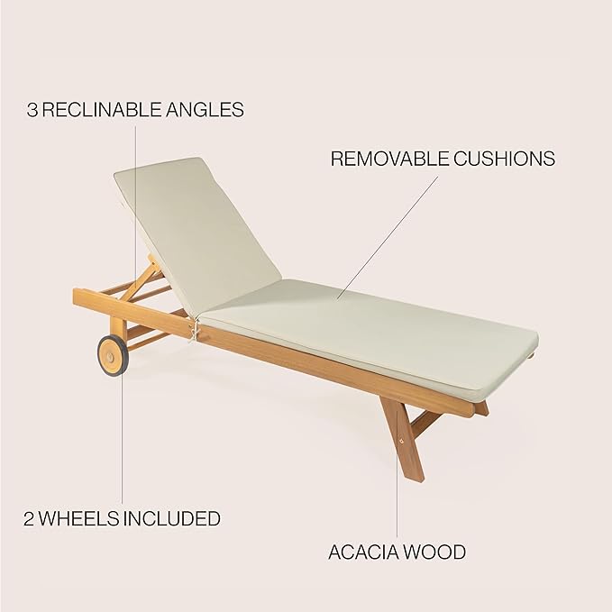JONATHAN Y LNG1000E Mallorca 77.56"x23.62" Modern Classic Adjustable Acacia Wood Chaise Outdoor Lounge Chair with Cushion & Wheels Coastal, Bohemian, Minimalist, Traditional, Light Gray/Natural