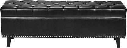 VEVOR Button-Tufted Storage Ottoman Bench, PU Leather Bench with Storage and Solid Wood Legs, Modern Shoe Benches Seat for Entryway, Upholstered End of Bed Benches for Living Room, Dining Room, Black