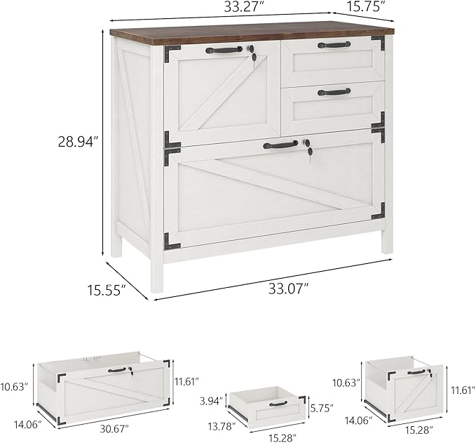 Lateral File Cabinet with 4 Drawers, Farmhouse File Cabinet for Letter/Legal/A4 Size Hanging Files, Large Wood File Storage Cabinets Printer Stand for Home Office Cabinets, White with Lock