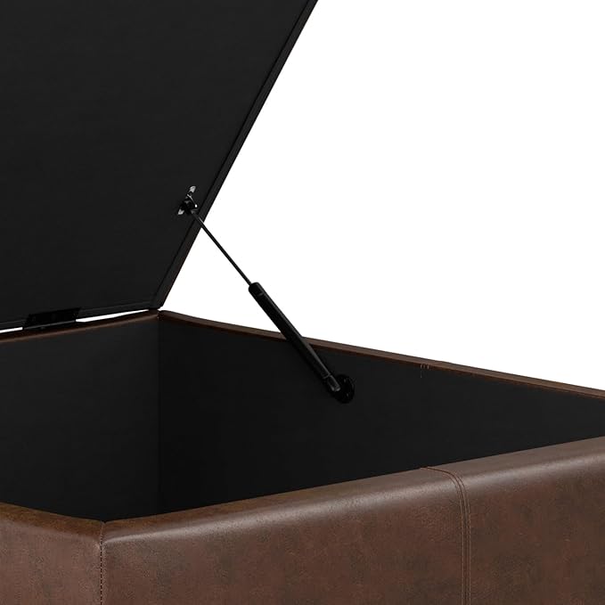 SIMPLIHOME Gabbie 36 inch Wide Contemporary Square Square Coffee Table Storage Ottoman in Distressed Chestnut Brown Vegan Faux Leather, Assembled, for The Living Room, Entryway and Family Room