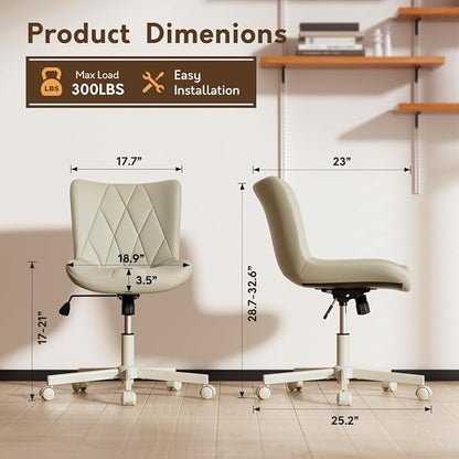 Armless Desk Chair, Morden Home Office Chair no Arms, Adjustable Height & Rocking Computer Chair, PU Leather Vanity Chair, Ergonomic Seat Soft Padded Desk Chairs for Home Small Space, Beige