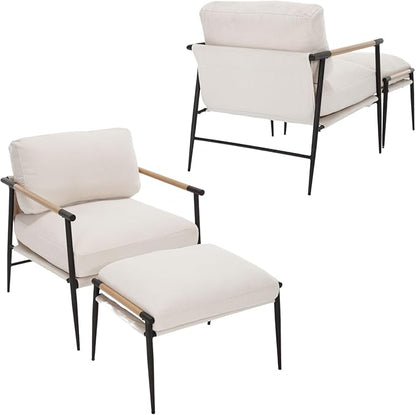 LukeAlon Mid-Century Chenille Accent Chairs with Ottoman Set of 2, Soft Living Room Chairs with Metal Legs Modern Upholstered Armchairs Lounge Chair with Footstool for Bedroom Reading Room, Beige