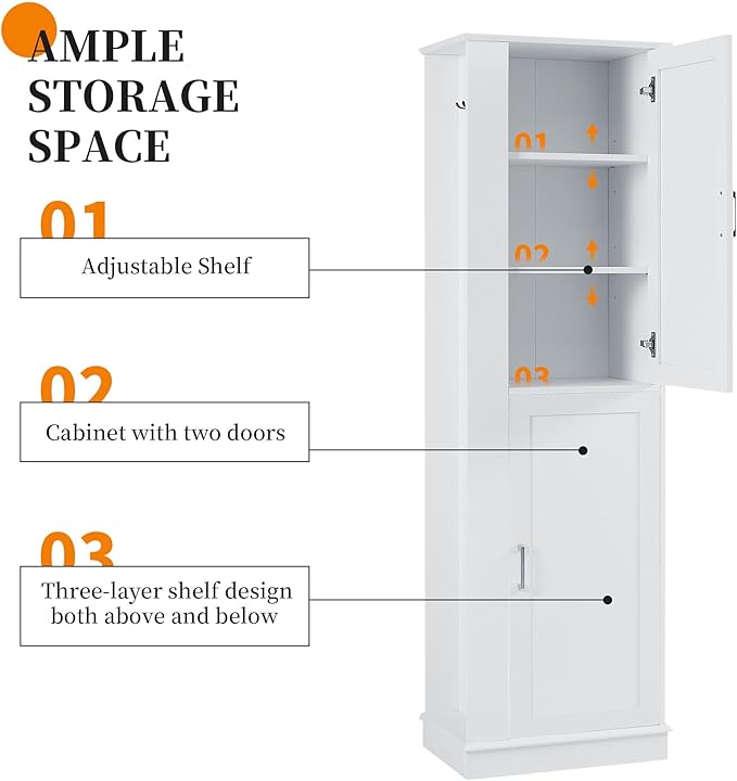Tall Storage Cabinet, Bathroom Floor Freestanding Storage Cabinet with Hook and Adjustable Shelf for Bathroom, Office, Living Room, White