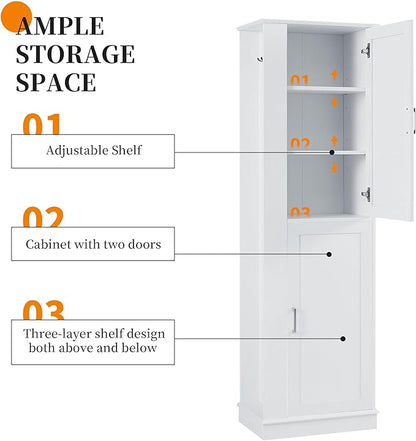 Tall Storage Cabinet, Bathroom Floor Freestanding Storage Cabinet with Hook and Adjustable Shelf for Bathroom, Office, Living Room, White