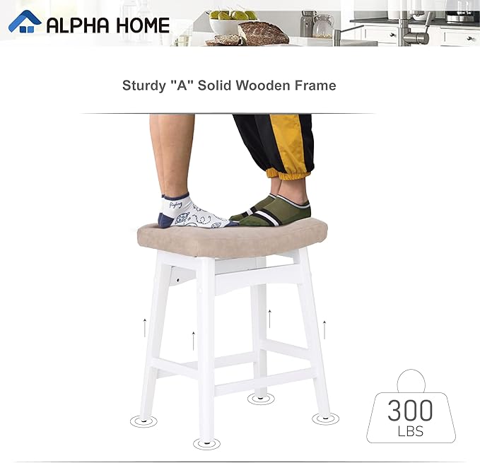 ALPHA HOME Bar Stools Set of 2, Solid Wood Saddle Kitchen Stools with Beige PU Leather Cushion Counter Height Barstools with Wooden Base for Kitchen Dining Cafe, 24 Inch, Beige, 2PCS