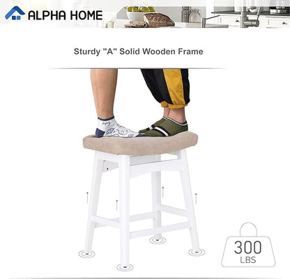 ALPHA HOME Bar Stools Set of 4, Solid Wood Saddle Kitchen Stools with Beige PU Leather Cushion Counter Height Barstools with Wooden Base for Kitchen Dining Cafe, 24 Inch, Beige, 4PCS