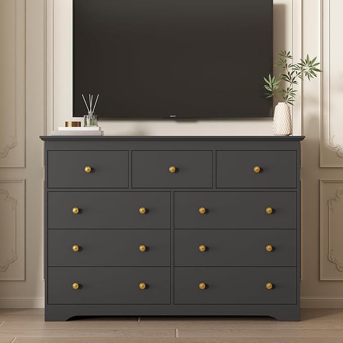 LYNSOM Modern 9 Drawer Dresser, 55.1" Wide Dressers & Chests of Drawers with Large Capacity Storage, Mid Century Black Dresser for Bedroom, Hallway, Black