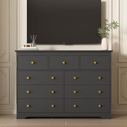 LYNSOM Modern 9 Drawer Dresser, 55.1" Wide Dressers & Chests of Drawers with Large Capacity Storage, Mid Century Black Dresser for Bedroom, Hallway, Black