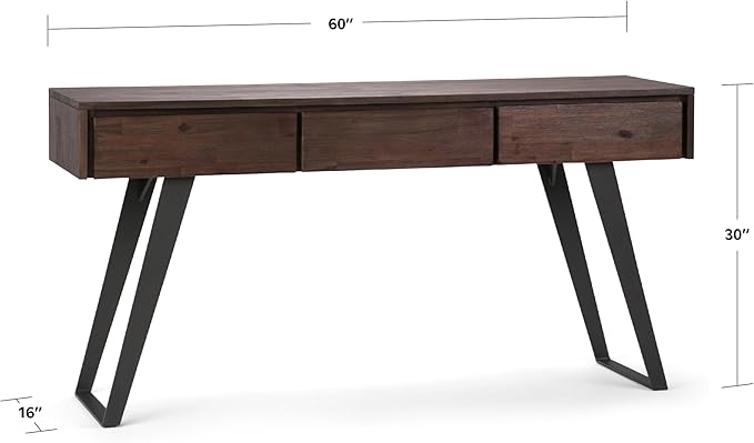 SIMPLIHOME Lowry Console Table - 60 Inch Wide Solid Acacia Wood Sofa Table in Distressed Charcoal Brown, Modern Industrial Storage Table for Living Room with 3 Drawers and Angled Metal Legs