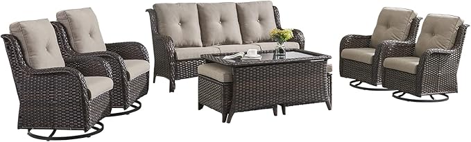HUMMUH 8pcs Patio Furniture Set Outdoor Swivel Rocker Wicker Patio Chairs,Outdoor Couch with Coffee Table and Ottomans(Brown,Grey)
