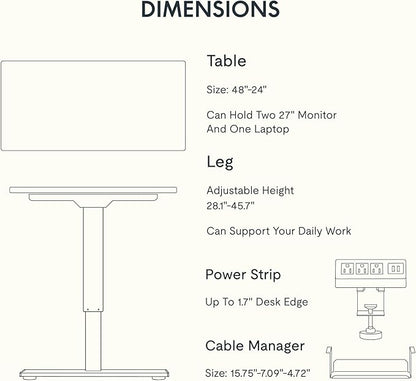 FLEXISPOT EN2 Whole-Piece Standing Desk with Clamp Power Strip, 48 x 24 Electric Stand Up Height Adjustable Desk with Cable Management (White Frame + 48" Gray Wood Grain Desktop, 2 Packages)