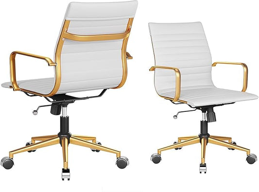 Ergonomic Office Chair White and Gold Leather Desk Chair for Home Office, Mid Century Comfy Executive Computer Chair Adjustable Swivel