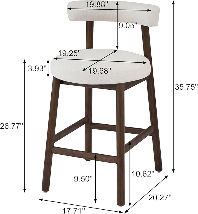 Christopher Knight Home Annes Counter Height Bar Stools Set of 2, Linen Fabric Round Bar Stool for Kitchen Island, Wooden Dining Room Chair, Counter Stool with Footrest, Walnut+Milky White