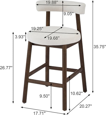Christopher Knight Home Annes Counter Height Bar Stools Set of 2, Linen Fabric Round Bar Stool for Kitchen Island, Wooden Dining Room Chair, Counter Stool with Footrest, Walnut+Milky White