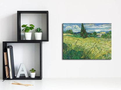 Wieco Art Modern Abstract Giclee Canvas Prints Wall Art Green Field 1889 by Van Gogh Famous Oil Paintings Reproduction Artwork Stretched and Framed Landscape Picture for KitchenDecoration