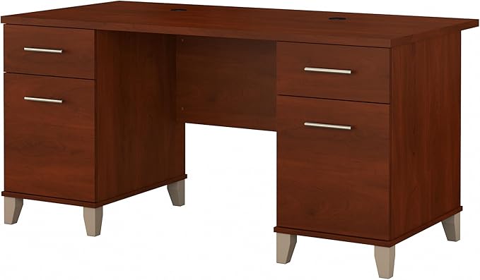 Bush Furniture 60-inch Home Office Desk with Drawers, Large Computer Table with Storage, Transitional Style, Somerset Collection, Hansen Cherry