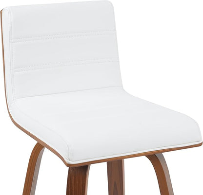 Armen Living Vienna Modern Swivel 30" Bar Height Barstool with White Faux Leather and Walnut Wood Finish