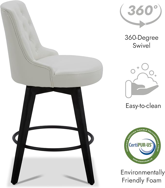 Watson & Whitely Counter Height Bar Stools, Faux Leather Upholstered Modern Swivel Barstool with Back, Solid Wood Legs, 26" H Seat, White